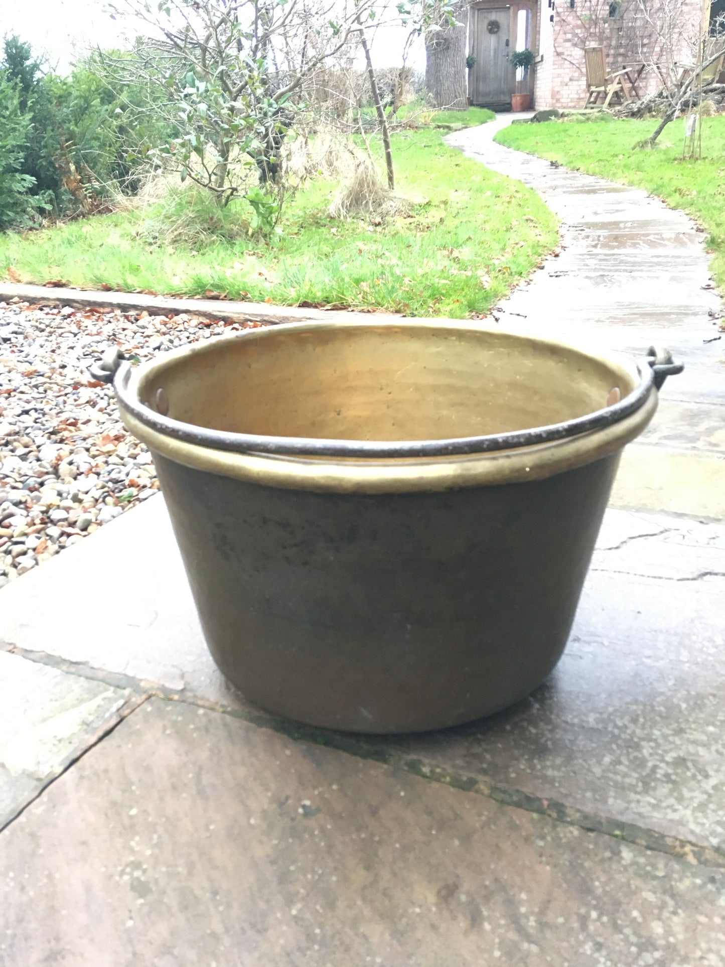 Large antique brass cheese kettle, cauldron.