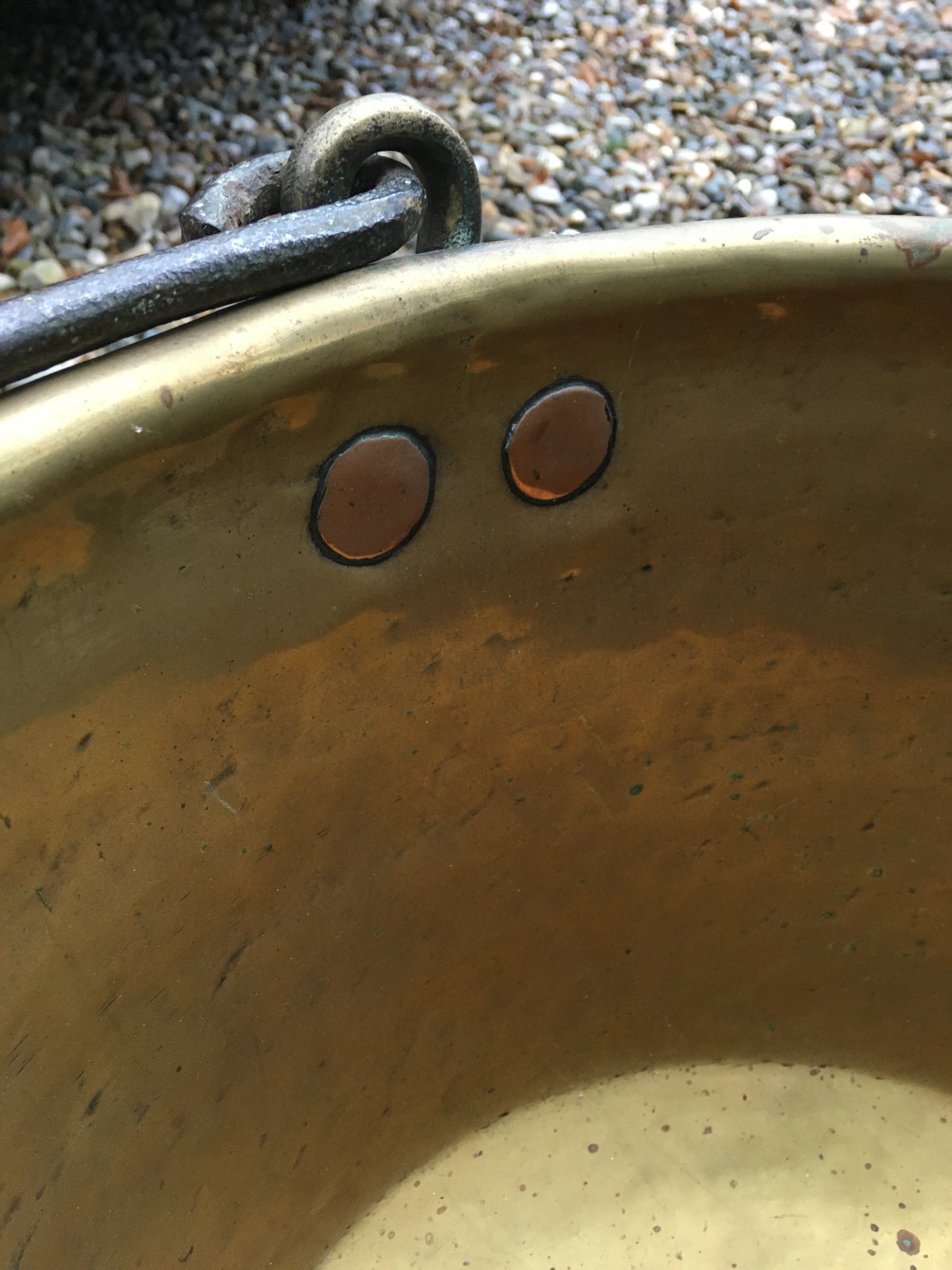 Large antique brass cheese kettle, cauldron.