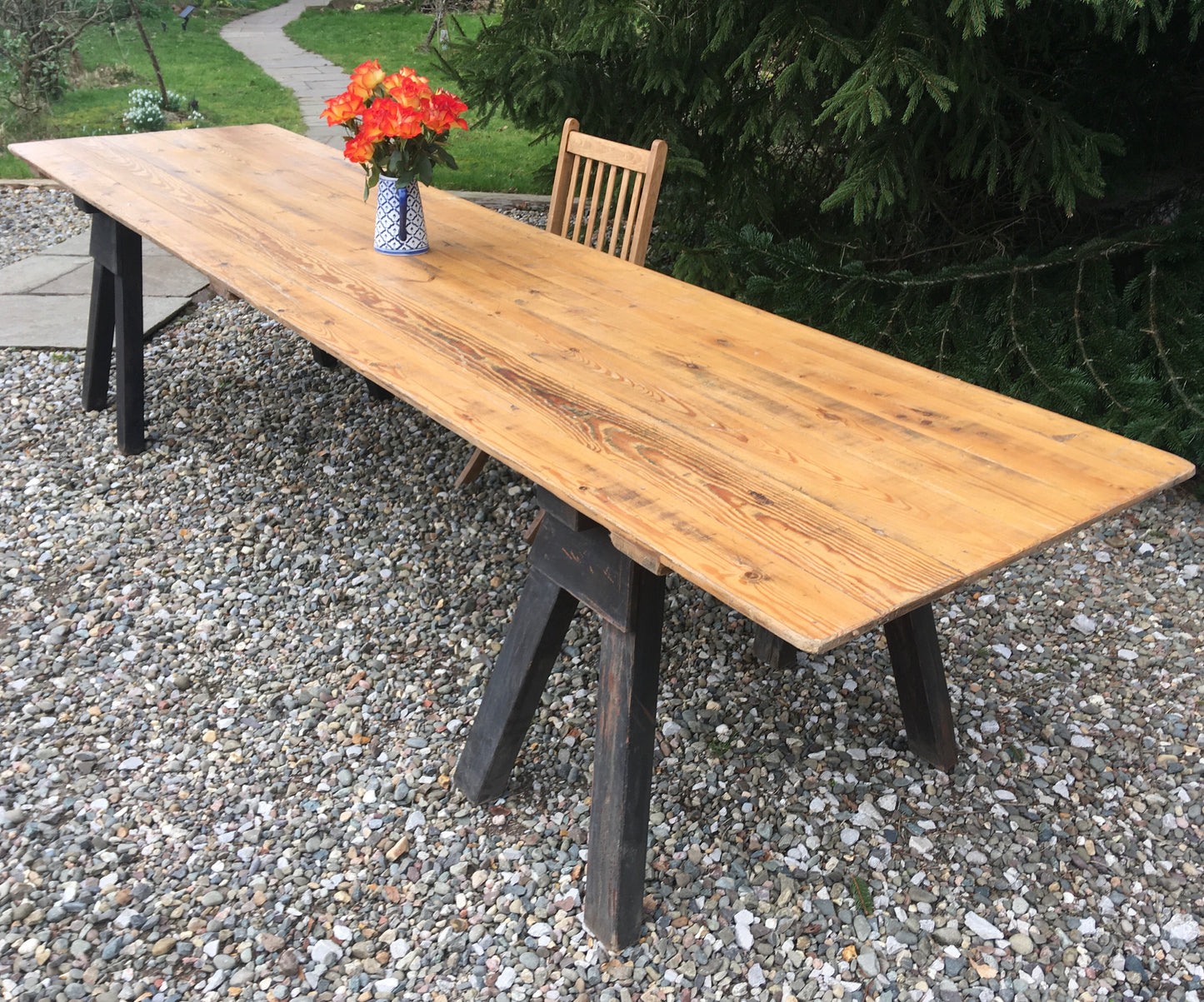 Large vintage pine trestle table