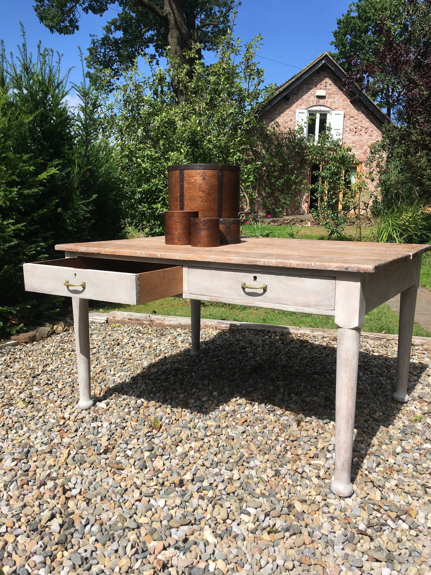 Vintage lime washed oak dining table with large drawers
