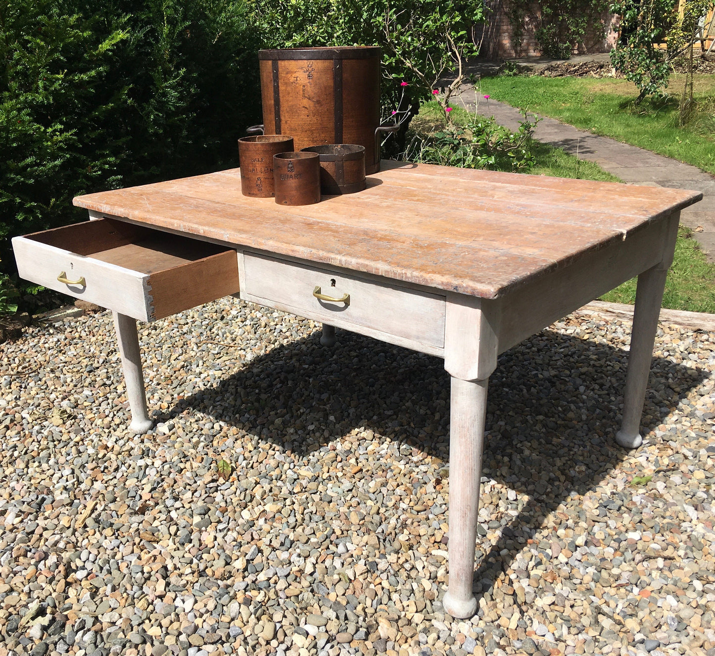 Vintage lime washed oak dining table with large drawers