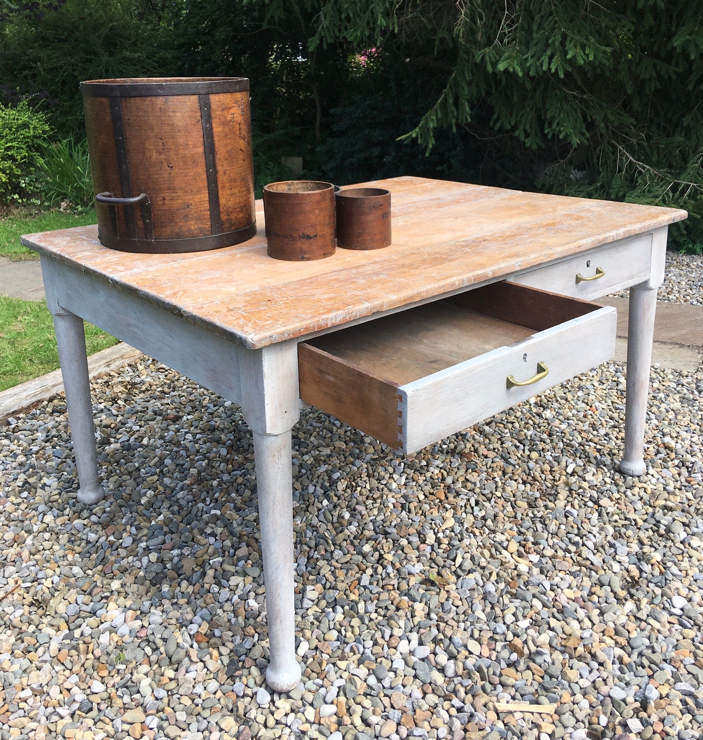 Vintage lime washed oak dining table with large drawers