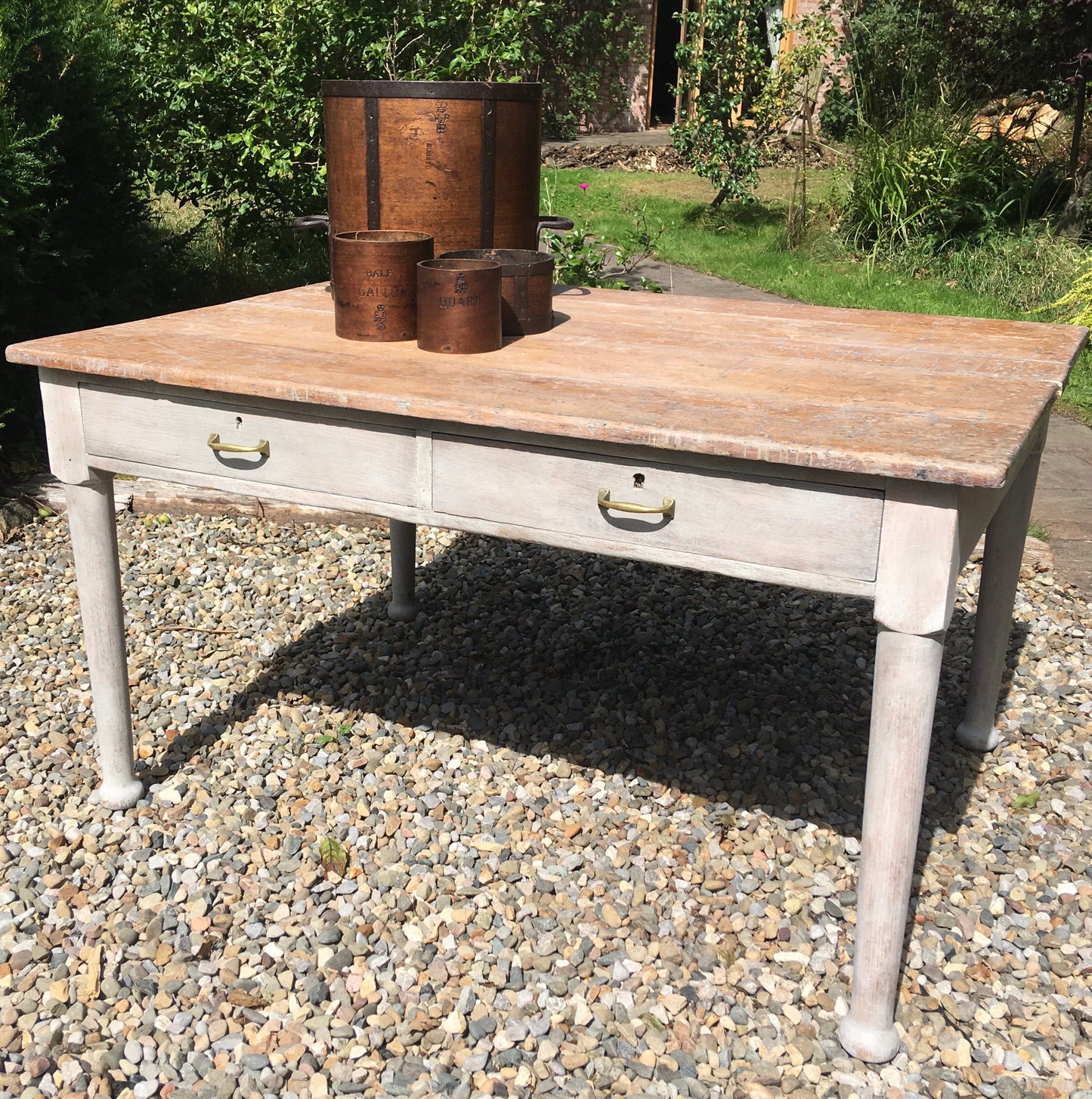Vintage lime washed oak dining table with large drawers