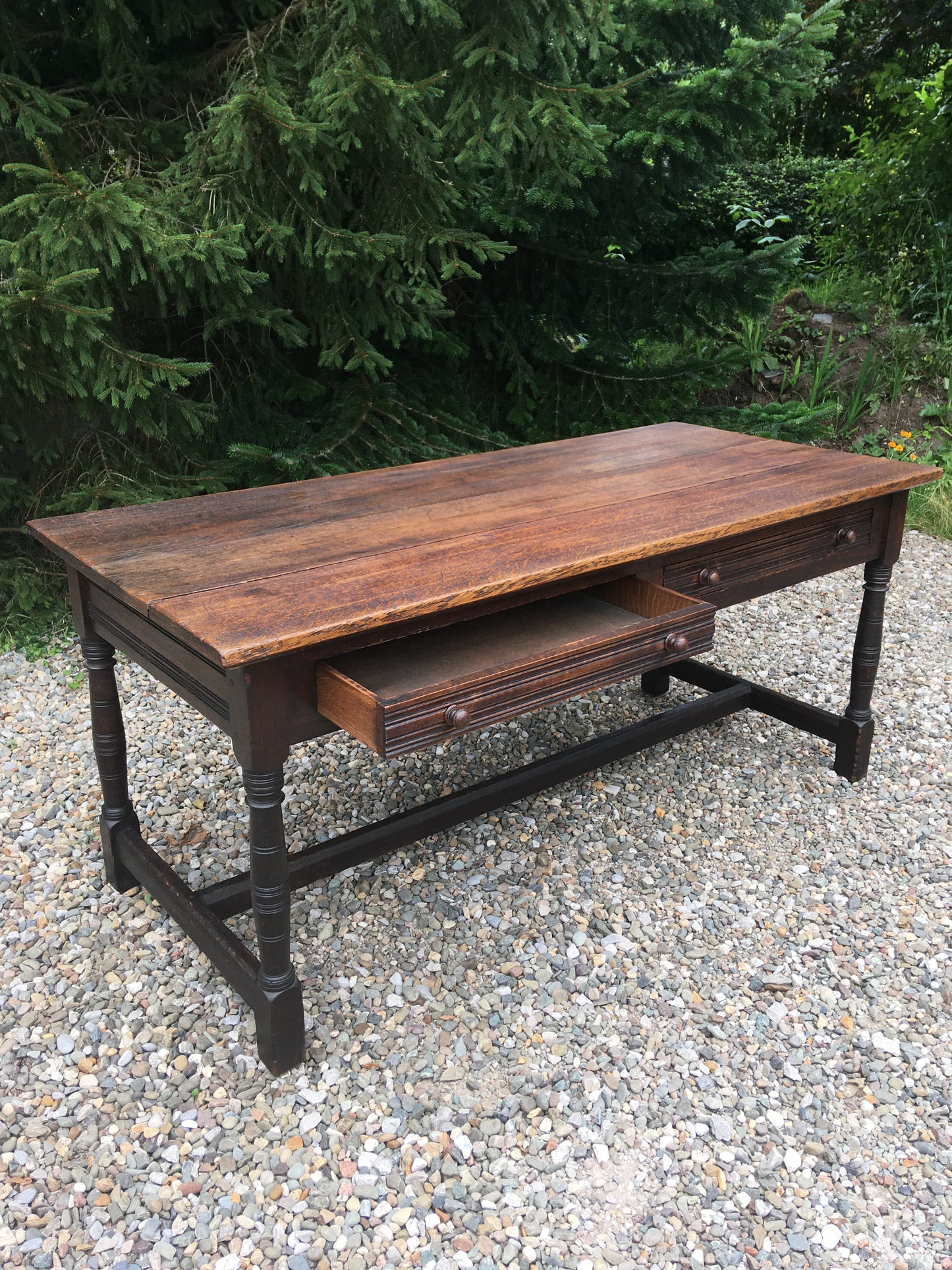 Large antique oak dining table with drawers