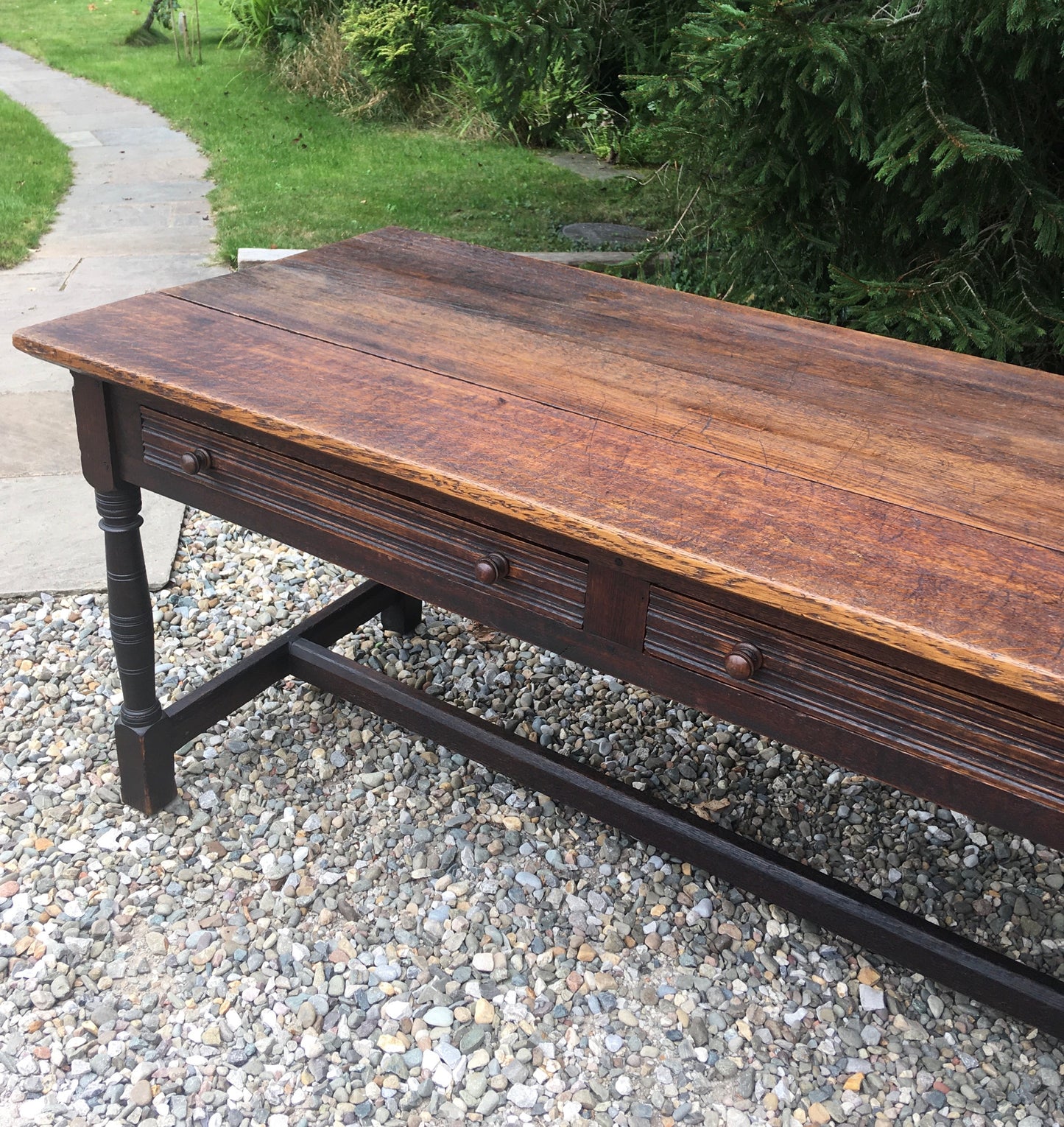 Large antique oak dining table with drawers