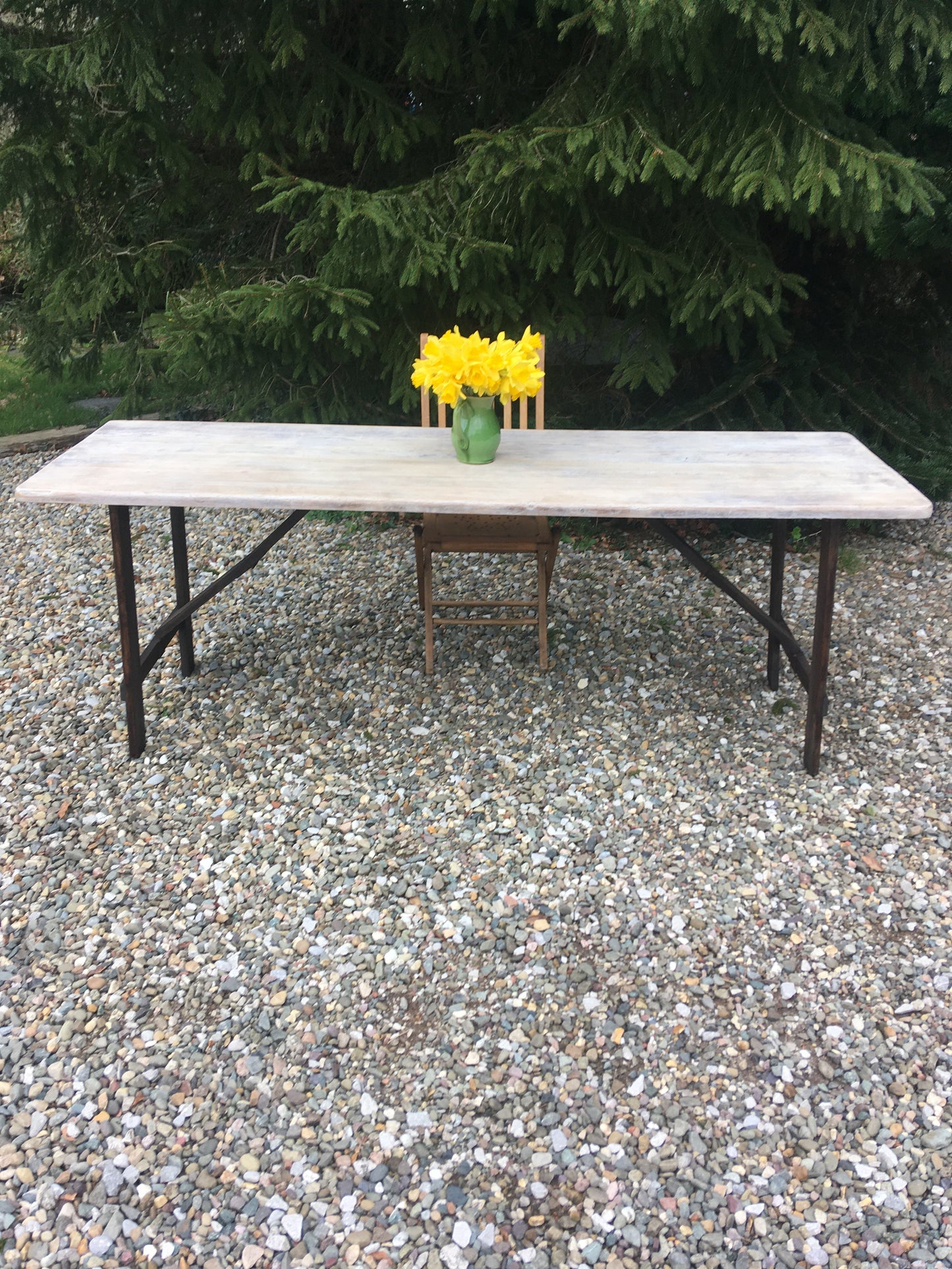 A rustic, vintage church trestle table.