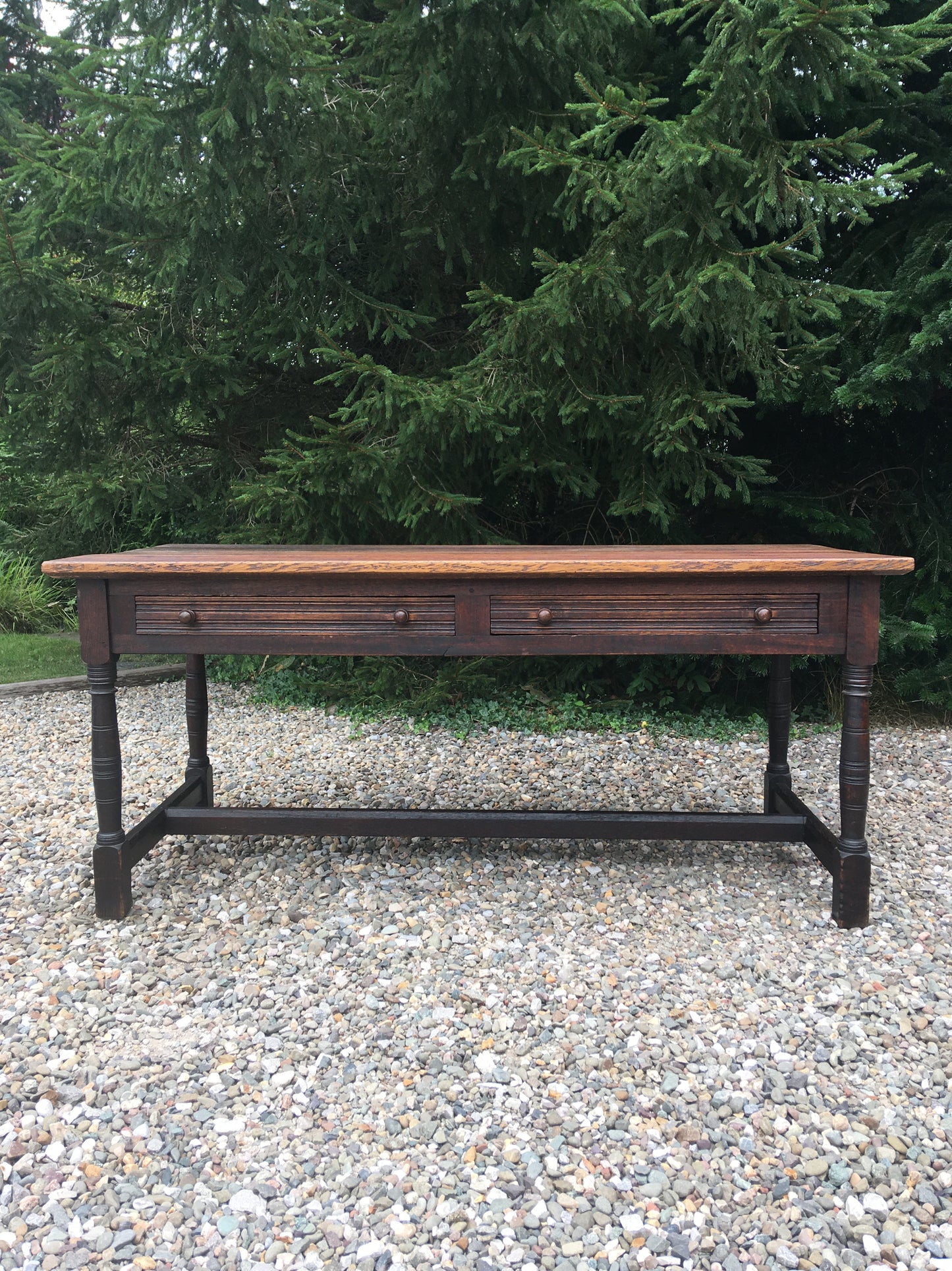 Large antique oak dining table with drawers