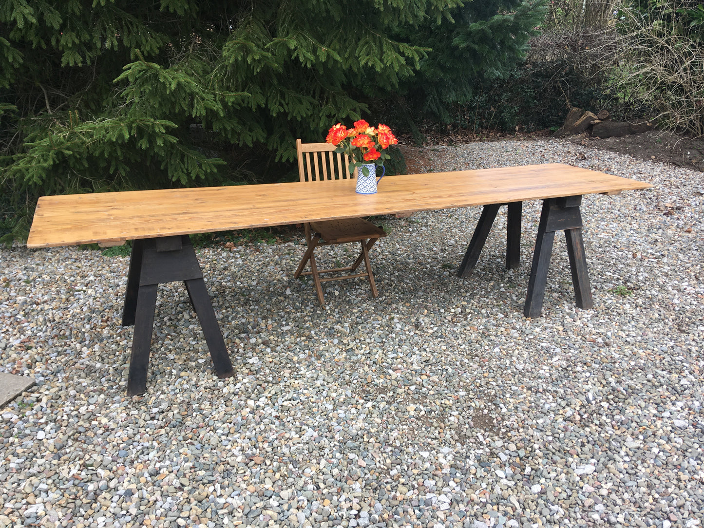 Large vintage pine trestle table