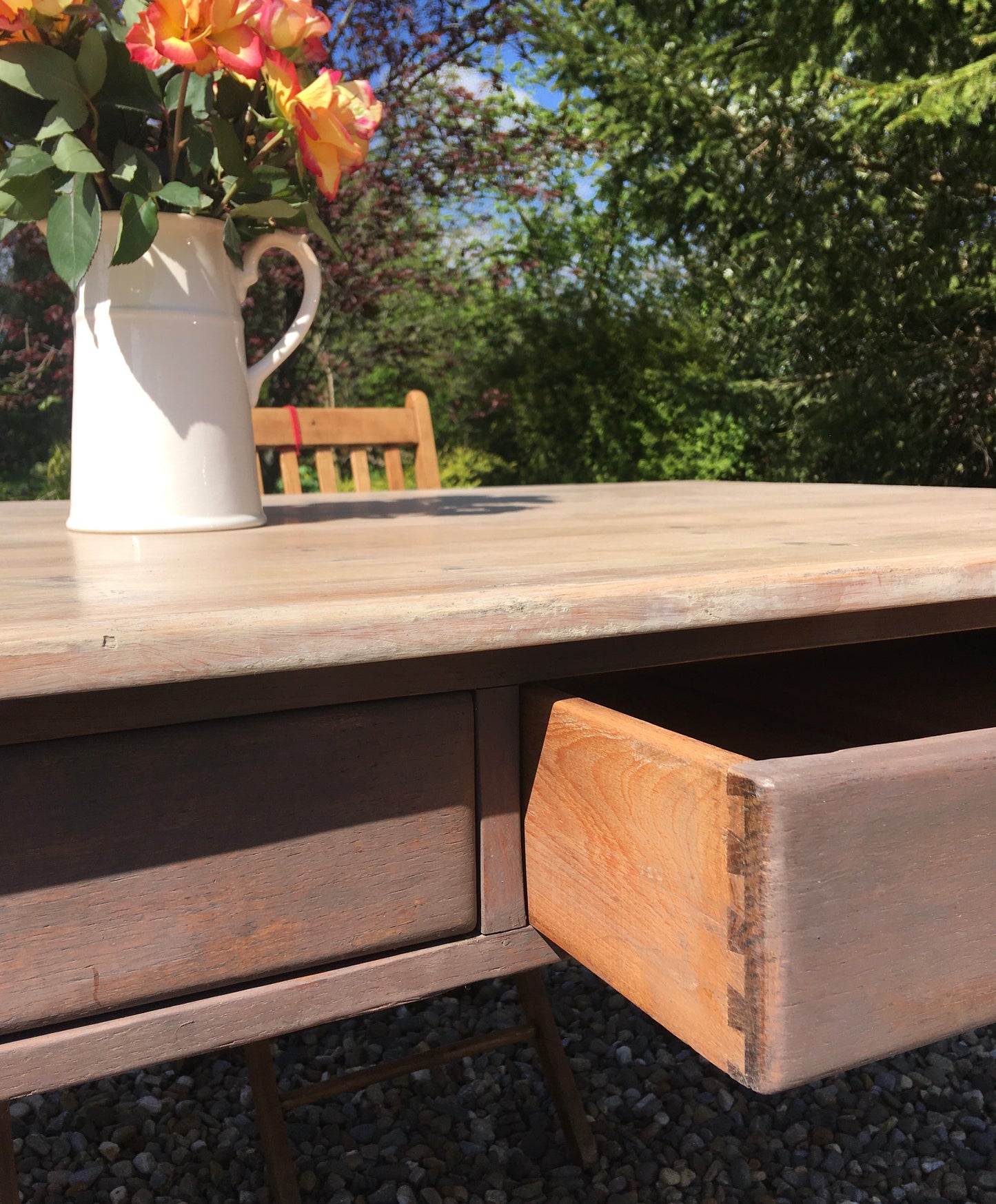 Large mid century oak dining table with large drawers