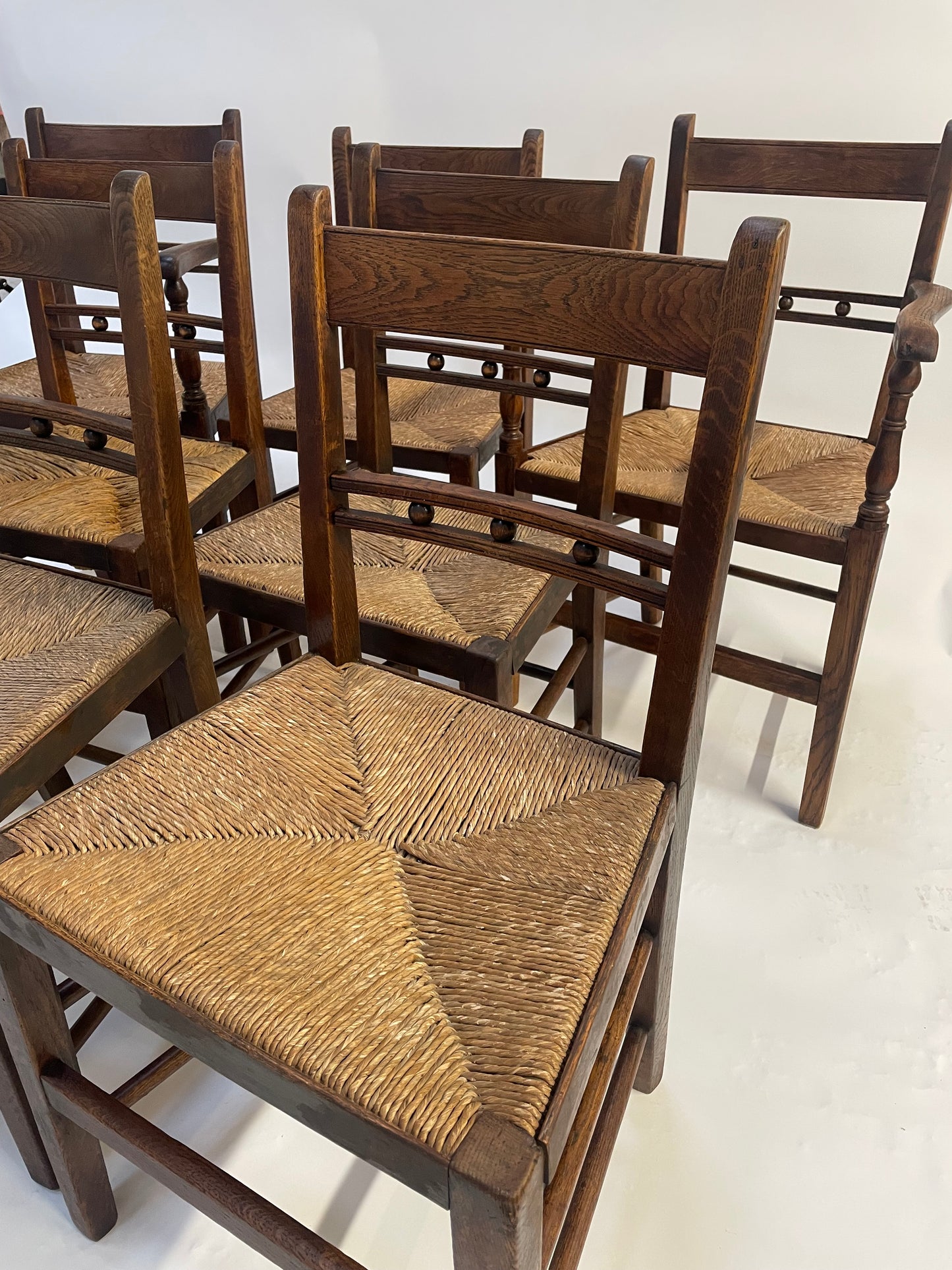 Set of 8 George III Oak, rush seated,country style Dining Chairs.
