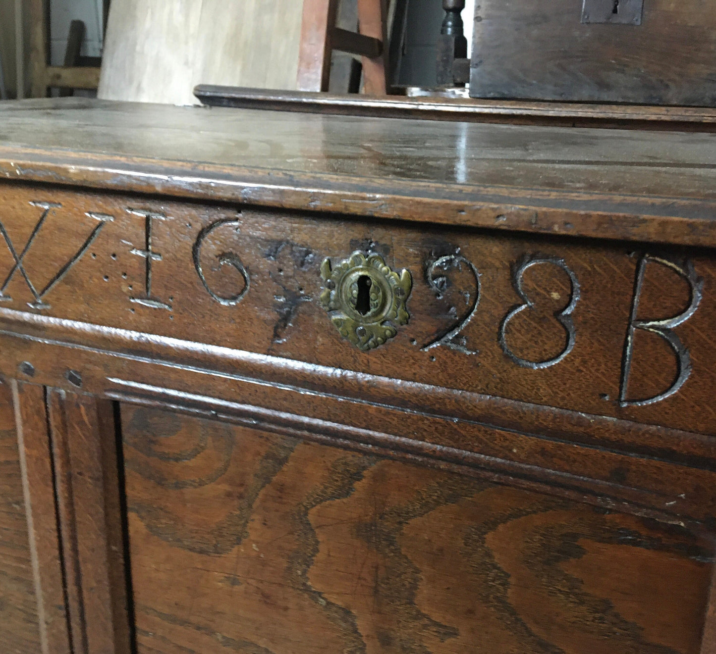 Antique coffer / mule chest, circa 1628