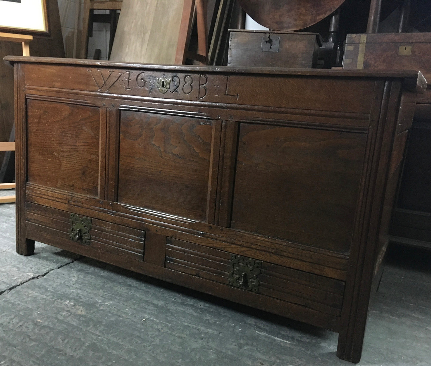 Antique coffer / mule chest, circa 1628